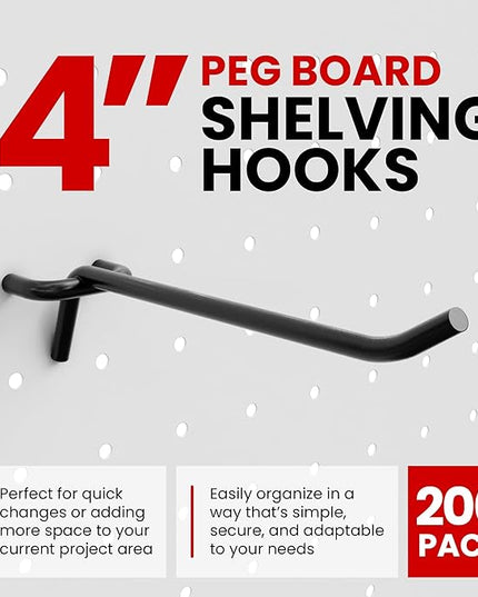 FactorDuty 200 Pack 4" Length Steel Black PEG Board Pegboard Shelving Hooks Wholesale Lot 20 lbs PEG Hooks Organizer Tools for Craft Storage, Garage, Kitchen, Tools and More