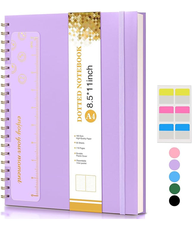 Dotted Notebook, Spiral Notebook Journal 8.5” x 11”, A4 Large Dot Grid Notebooks for Women Men, 100 GSM Dotted Paper, Plastic Hardcover Spiral Bullet Journals for Work School Sketching, Purple