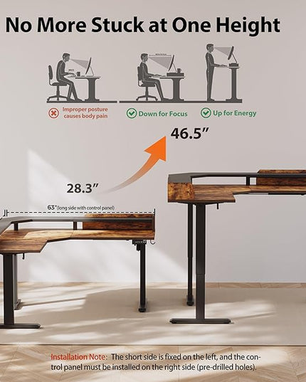 Agilestic L Shaped Standing Desk, Adjustable Height Corner Gaming Desk with Shelf, Sit Stand Up Desk, 63 x 55 Inch Home Office Computer Table, Rustic Brown