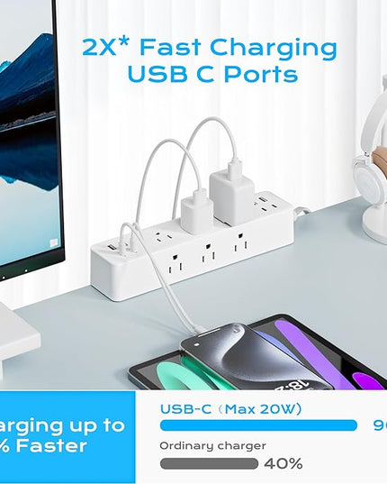 Flat Plug Desk Clamp Power Strip 10FT, 40W Total Fast Charging Station, 2 PD20W USB C Ports, Desk Edge Mount Power Strip 9 AC Outlets 8 USB Ports Surge Protector, Fit 1.7" Tabletop Edge, White