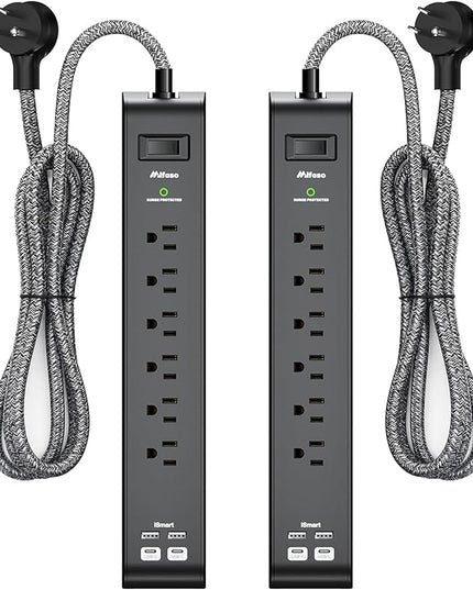 15FT Power Strip Surge Protector - 2 Pack Extension Cord with 6 Outlets 4 USB Ports, Flat Plug, 900 Joules, 15A Circuit Breaker, Wall Mount for Home Office Dorm
