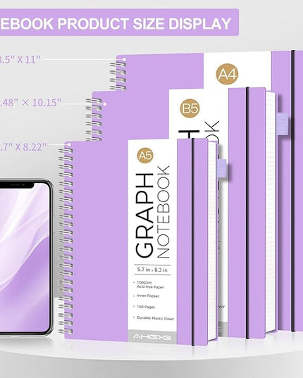 AHGXG Graph Paper Notebook - Spiral Notebook 8.5" x 11", A4 Large Graph Notebook, 100 gsm Thick Grid Paper, Waterproof Plastic Cover Journals for School Writing Engineering Math, Purple