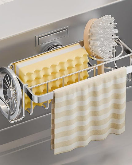 TAILI Sponge Holder with Strong Suction Cup, 4-in-1 Rustproof Sink Organizer - Sink Caddy Holds Sponges, Brushes, Stoppers & Scrapers -Silver