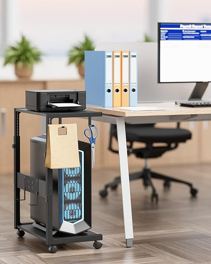 JANE EYRE Computer Tower Stand - Adjustable PC Tower Stand CPU Holder Cart with Charging Station for Office Home Classroom,23.03"-28.3" H, black