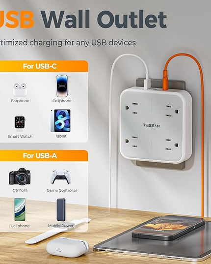 Multi Plug Outlet Extender, TESSAN Surge Protector Splitter with 3 USB (1 USB C Port) Wall Charger, Multiple Expander for Travel, Home, College Dorm Room