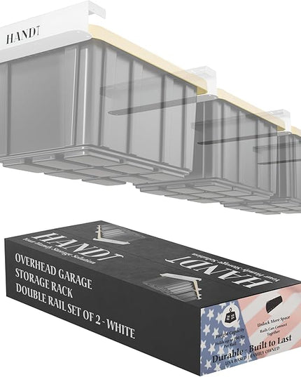 HANDT Overhead Garage Storage Rack, Connectable Heavy Duty Metal Ceiling Rails For Garage Storage Organization Shelving System, Hanging Racks For Tote Containers, Supports Up To 3 Bins, 2 Sets White