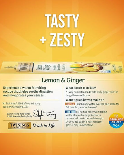Twinings Lemon & Ginger Herbal Tea Individually Wrapped Bags, 25 Count (Pack of 6), Spicy Ginger, Lemon Peel, & Lemongrass, Naturally Caffeine-Free, Enjoy Hot or Iced, 150 Teabags