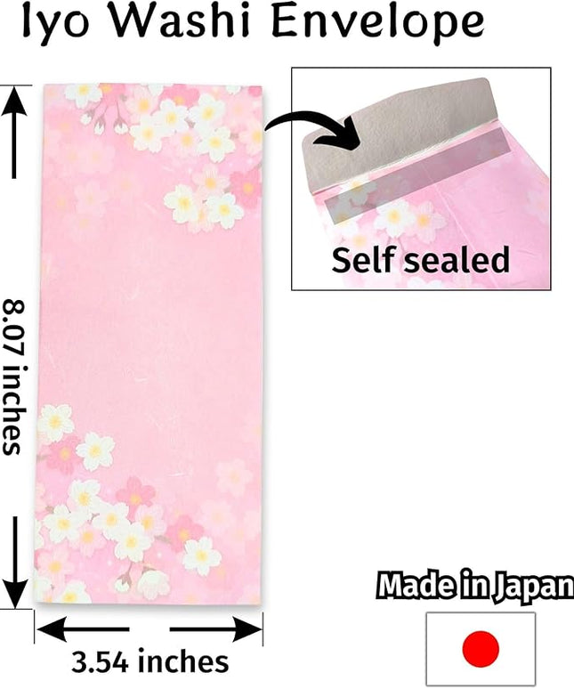 Japanese Cherry Blossom Envelopes 8 Pack, Made in Japan, (Dark Pink), Elegant Washi Paper, Self Sealing, Sakura