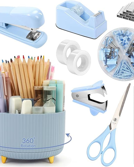 SKYDUE Desk Organizers and Accessories 10Pcs, 360-Degree Rotating Pen Holder, Stapler, Staple Remover, Tape Dispenser,2pcs Tape Refills, Binder Paper Clips Kit, Scissor (Blue)