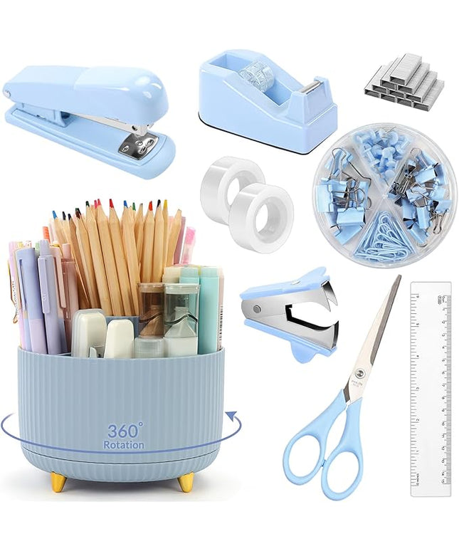 SKYDUE Desk Organizers and Accessories 10Pcs, 360-Degree Rotating Pen Holder, Stapler, Staple Remover, Tape Dispenser,2pcs Tape Refills, Binder Paper Clips Kit, Scissor (Blue)