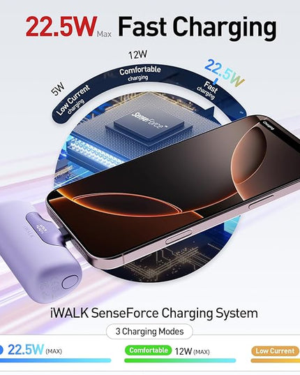 iWALK Portable Charger 5500mAh Next-Gen Small Power Bank 22.5W Fast Charging Battery USB-C Portable Phone Charger for iPhone 17/16/15 17 Plus 17 Pro Max iPad, Samsung Galaxy S25 S24 S23 Android,Purple