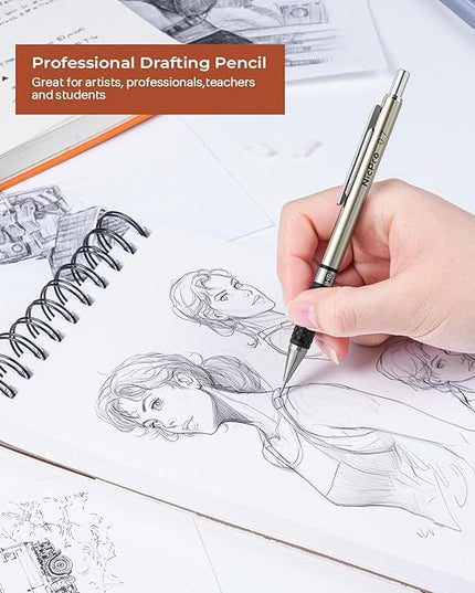 Nicpro Art Mechanical Pencil Set in Case, 4 PCS Metal Drafting Pencil 0.5 mm & 0.7 mm, Lead Pencil with 6 Tube HB Lead Refills, 3 Erasers, 9 PCS Eraser Refills for Artist Writing, Drawing, Sketching