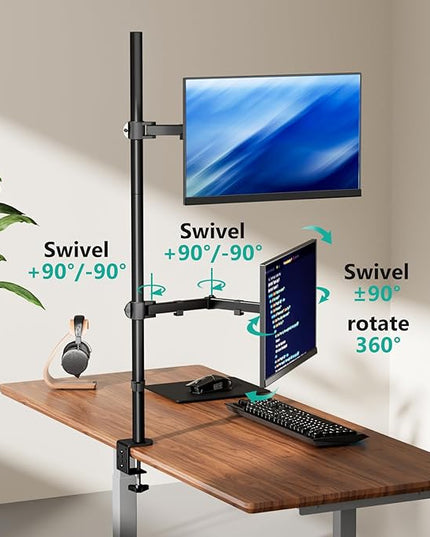 WALI Stacked Monitor Mount, Dual Monitor Stand Vertical for 2 Computer Screens Max 27'', Vertical Monitor Mount for Desk Holds up to 22lbs with Mounting Holes 75/100mm (M12XXL), Black