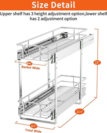 ROOMTEC Individual Pull Out Cabinet Organizer (5½"W x 21½"D), 2 Tier Spice Rack Organizer for Cabinet, Slide Out Drawer Pantry Shelf Organization and Storage for Kitchen Bathroom