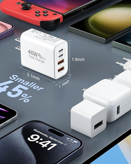 40W USB C Charger Block for iPhone 17/17 Pro/17 Pro Max/Air/16/16 Pro/16 Pro Max/16 Plus/15/15 Pro Max/14 13 12 11 Pro Max XS XR X, 4-Port PD+QC Multiport Power Adapter Type C Fast Charging Brick Cube