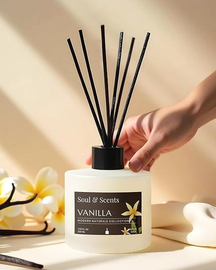 Soul & Scents Reed Diffuser Set – Vanilla | 7.43 oz Refillable Scented Oil with 6 Fiber Sticks | Long-Lasting Home Fragrance & Air Freshener for Bedroom, Bathroom, Office | Gift & Décor Piece