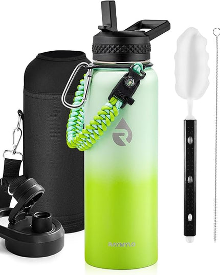 Insulated Water Bottle 40 oz, Triple Wall Vacuum Stainless Steel (Cold for 48 Hrs), Leak Proof & Non-BPA, Modern Water Flask Jug with Paracord Handle & Straw Spout Lids, Ombre Green