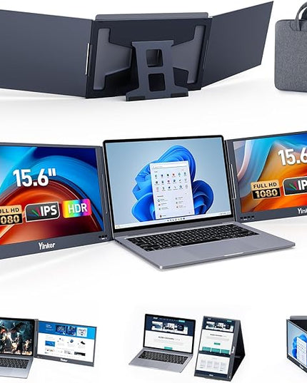 Yinker Laptop Screen Extender, 15.6" Triple Portable Monitor, Ultra-Slim 1080P FHD IPS, 360° Rotation, USB-C Plug&Play Single, Compatible with Mac/Windows/Android/PS4 for 11-17" Laptops
