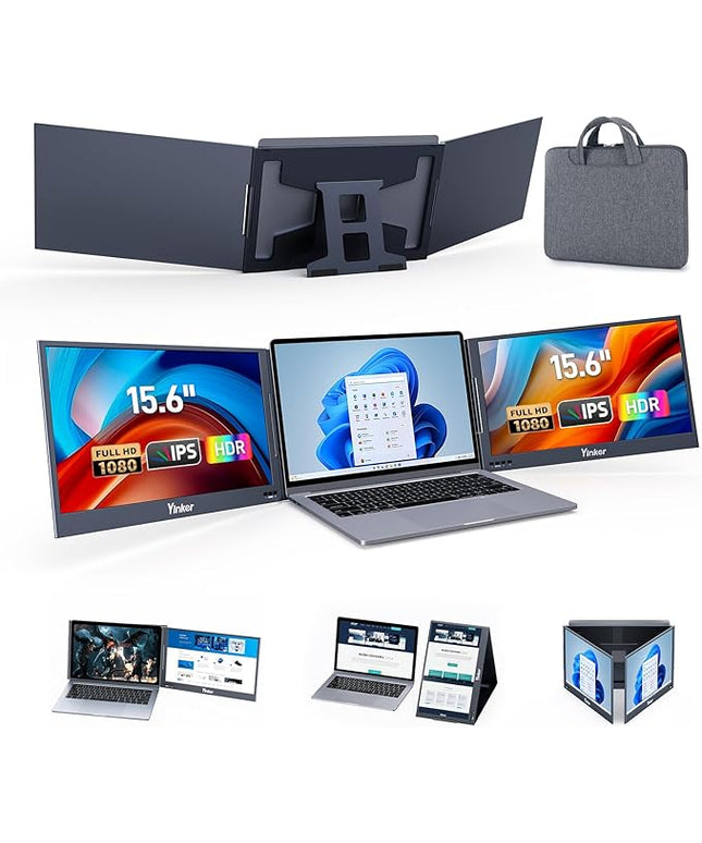 Yinker Laptop Screen Extender, 15.6" Triple Portable Monitor, Ultra-Slim 1080P FHD IPS, 360° Rotation, USB-C Plug&Play Single, Compatible with Mac/Windows/Android/PS4 for 11-17" Laptops