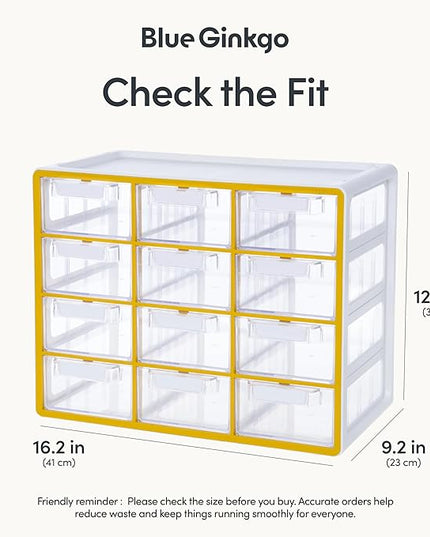 Blue Ginkgo Large 12-Drawer Cabinet – Stackable Clear Organizer for Hardware, Beads, Plastic Bricks, Office, and Craft Storage (Made in Korea, Yellow)