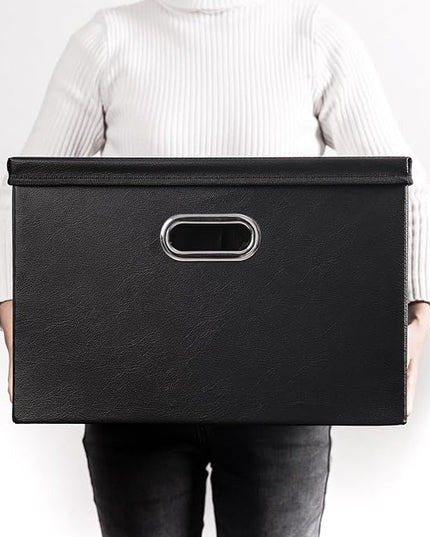PRANDOM Large Stackable Storage Boxes with Lids [5-Pack] Leather Fabric Foldable Storage Bins Organizer Containers Baskets Cubes with Cover for Bedroom Closet Office Nursery Black(17.7x11.8x11.8)