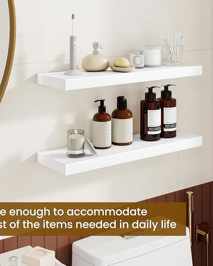 Dreamland 24Inch Floating Shelves for Wall, Rustic Wooden White Floating Shelves for Bathroom|Bedroom|Kitchen, Deep Wall Mounted Book Shelf, Wood Storage Display Shelf for Home Decor, Set of 2