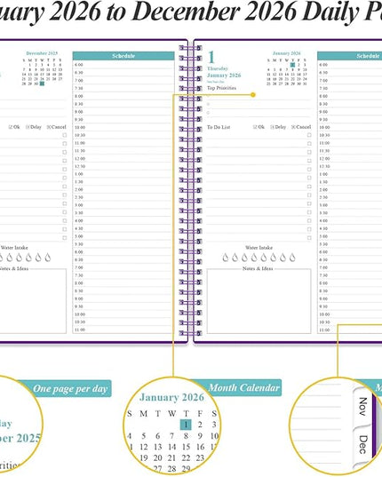 Daily Planner 2026 Full Page Per Day- 2026 Daily & Monthly Planner from January 2026 to December 2026, Day Planner 2026 with 12 Months Tabs, 8.5" x 11", Purple