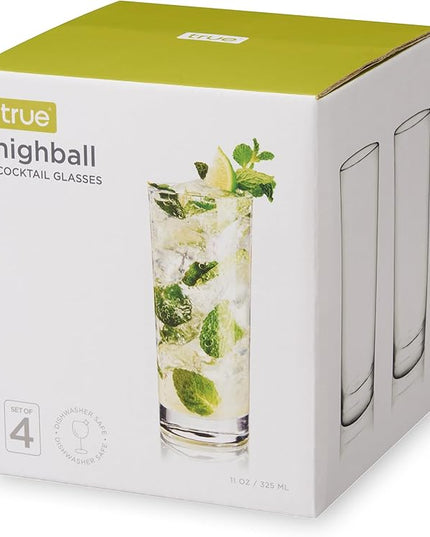 True Highball Glasses, Tall Glass Tumbler for Cocktails, Mojito Iced Tea Juices, Soda Water Drinking Cups, Kitchen Glassware, Home Bar, 11 oz Set of 4