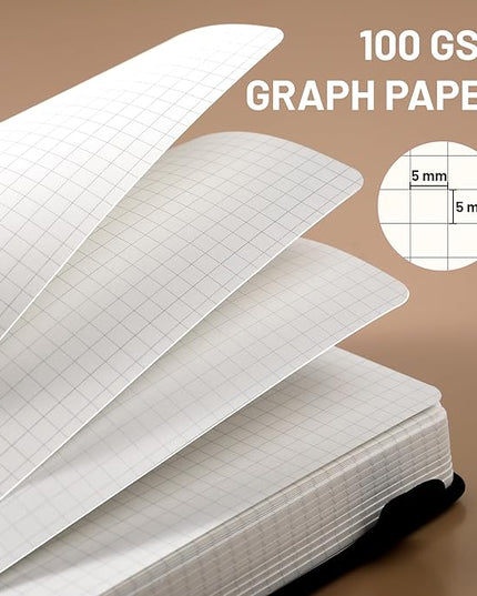 CAGIE Graph Notebook 320 Pages 100 GSM Paper Graphing Grid Journal A5 Hardcover Leather Quad Ruled Notebooks for Engineering, Math, Work, Black