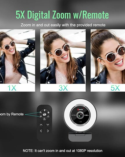 Angetube Streaming Webcam with Microphone: 1080P 60FPS USB Web Cam with Ring Light and Remote Control - HD Web Camera with 5X Digital Zoom Built in Privacy Cover,for PC|Computer|Laptop|Mac|Desktop