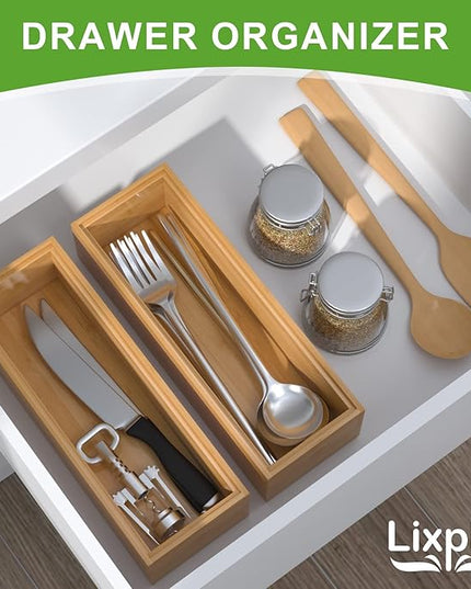 Bamboo Drawer Organizer – Set of 2 Stackable Storage Boxes, Silverware Tray & Small Gadget Holder for Kitchen Drawers, 9" x 3" x 2" (Outer), 8.3" x 2.3" x 1.77" (Inner)