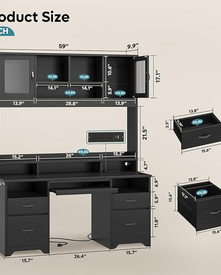 Bestier 77.8" H Executive Desk with Hutch, Modern Wood Computer Desk with Drawers, Charging Station, LED Light, Fluted Storage Cabinet, Keyboard Tray, 59" W Office Desk for Home Office, Black