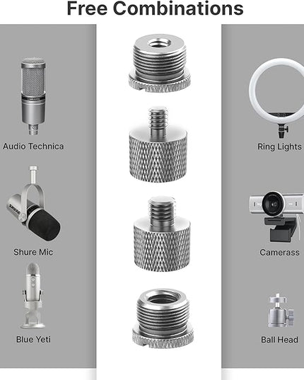 IXTECH Mic Stand Adapter Set 8 pieces Metal Microphone Stand Screw Thread Adapter 5/8 Female to 3/8 Male 3/8 Female to 5/8 Male 5/8 Female to 1/4 Male 1/4 Female to 5/8 Male Tripod Adapter ADP01A Slvr