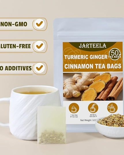 Jarteela - Turmeric Ginger Cinnamon Tea Bags - 2g x 50 Count - Premium Turmeric, Ginger, Cinnamon Herbal Tea Bags - Non-GMO - Caffeine-free - Support Overall Health
