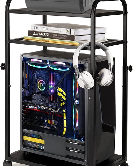 Height Adjustable Computer Tower Stand, PC Stand 3-Tier Mobile CPU Holder Cart Under Desk with Locking Caster Wheels for Office Home Gaming Accessories
