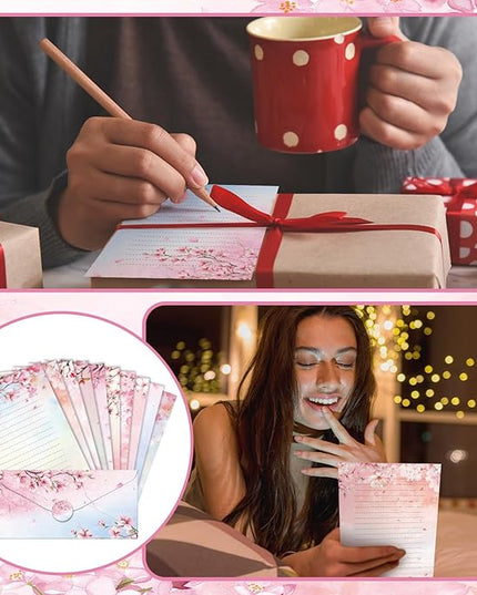 TaoBary 160 Pcs Stationery Paper Set 50 Double Sided Stationery Papers with 50 Matching Envelopes and 60 Round Dot Sticker, 10 Design(Cherry Blossom,8.5 x 11 Inch)