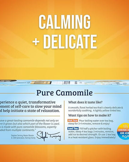 Twinings Pure Camomile Herbal Tea Individually Wrapped Bags, 100 Count (Pack of 1), Delicate for Pure Relaxation, Naturally Caffeine-Free, Enjoy Hot or Iced, 100 Teabags