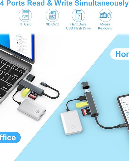 USB 3.0 SD Card Reader with Dual USB Ports, USB C SD Card Reader for iPhone 15/iPad/Mac 4 Ports Read and Write Simultaneously Memory Card Adapter for MacBook Pro/Air iMac Android S23 S22