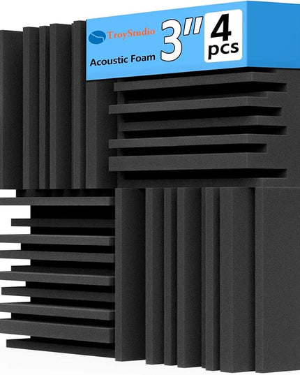 TroyStudio Thick Acoustic Foam Panels, 12 X 12 X 3 Inch 4 Pcs Broadband Sound Absorbing Foams, Dense Soundproof Padding Tile, Recording Studio Foam Absorber, Groove Decorative 3D Wall Ceiling Panel