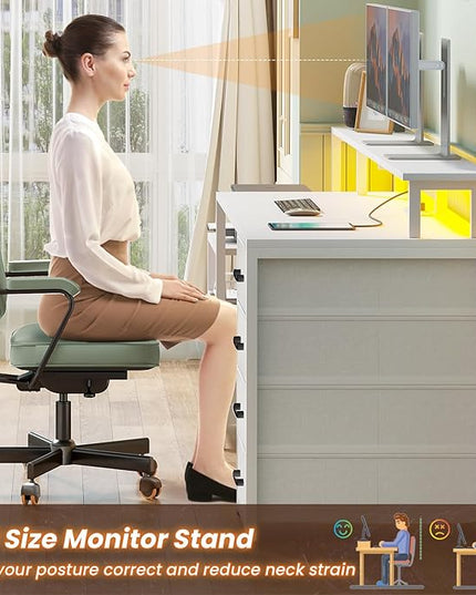 SEDETA White Computer Desk with 5 Drawer & Power Outlet, 66'' Home Office Desk with File Drawer, Storage Shelves, Printer Cabinet and Monitor Shelf, Gaming Desk with Led Lights