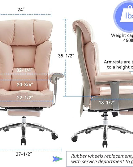 Efomao Big and Tall Ergonomic Office Chair 450LBS with Foot Rest, High Back PU Leather Executive Chair with Adjustable Padded Armrests, Lumbar Support for Home or Work, Heavy Duty Computer Chair, Pink