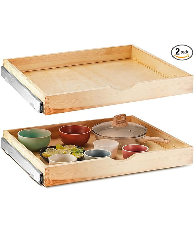 Menkxi 2 Set Pull out Tray Cabinet Organizer Wooden Pull Drawers storage Slide out Pantry Shelf for Base Cabinet Kitchen Gentle Close Fully Assembled Accessories(Wood Color,27'' X 21'' X 3")