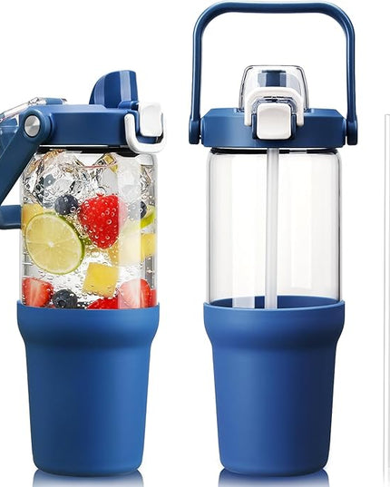 Glass Tumbler with Carry Handle, Clear Glass Water Bottle with Leakproof Lid, Spout Lid&Straw, BPA-Free, 32 oz, DBlue