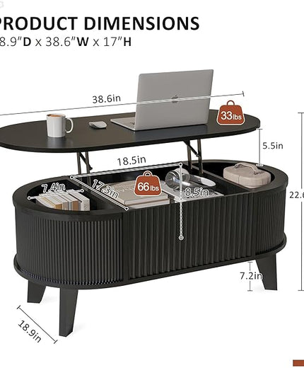 LYNCOHOME Fluted Lift Top Coffee Table with Storage,Modern Oval Coffee Table for Living Room or Home Office(Black)