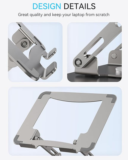 SOUNDANCE Laptop Stand with 360° Rotating Base, Ergonomic Computer Riser for Desk, Adjutable Height Muti-Angle, Foldable Laptop Mount, Stable Metal Holder Support 10-15.6" Notebook PC, Silver Grey