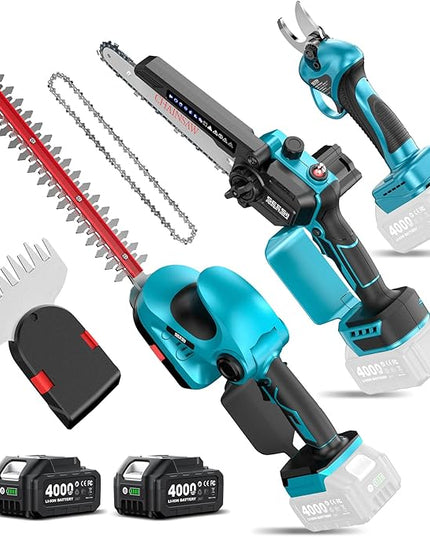 SEESII Electric Chainsaw Trimmer Pruner: 3-in-1 Cordless Chainsaw, Hedge Trimmer, Pruning Shears with 2× Rechargeable 4000mAh Batteries, Garden Tool Kit for Tree Trimming and Branch Cutting