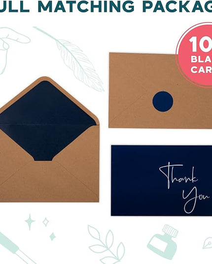VNS Creations Thank You Cards With Envelopes Bulk Set & Stickers - 100 Pack 4x6 Blank Thank You Notes Bulk Box Set - Large Note Card Small Business, Wedding, Baby Shower & Bridal Shower - Navy Blue