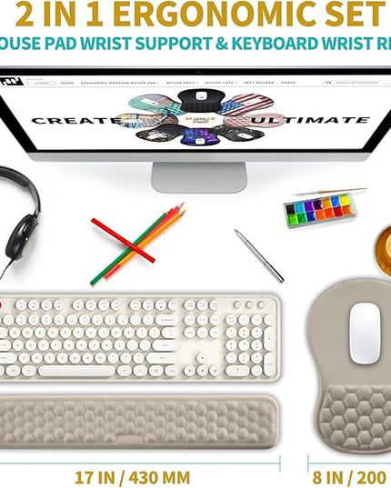 Hokafenle 2 in 1 Ergonomic Mouse Pad Wrist Support & Wrist Rest for Computer Keyboard Set, with Relieve Carpal Tunnel Pain Massage Bulge and Full Memory Gel Design (2In1 Set - Apricot)