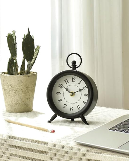 EMAX HOME Small Black Desk and Shelf Clock, 4.7*7.3 Inch Retro Elegant Tabletop Clock with Glass Cover, Silent Non-Ticking Battery Operated Decorative Clock for Living Room, Office, Bedroom, Gift Idea