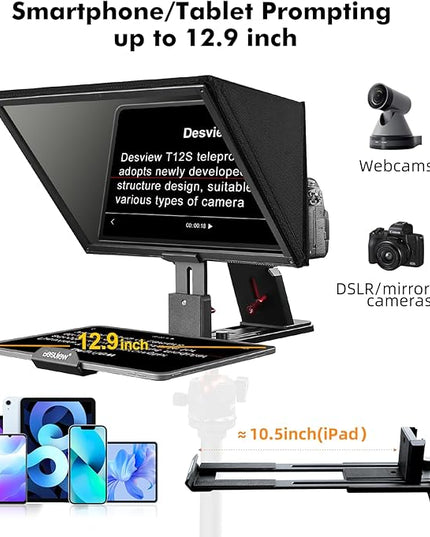 Desview T12S Teleprompter 12.9 inch Metal Teleprompter High Display Glass Compatible with Smartphone Tablet ipad Camera Easy Assembly Carry Case Included Great Partner for Video Making